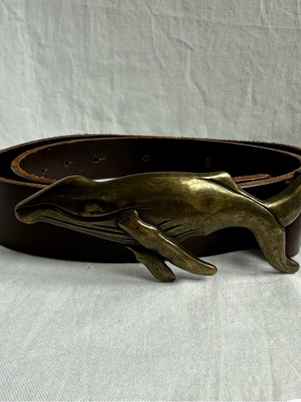JCrew Vintage Brown Leather Belt w/ Brass Whale Belt Buckle Made in USA